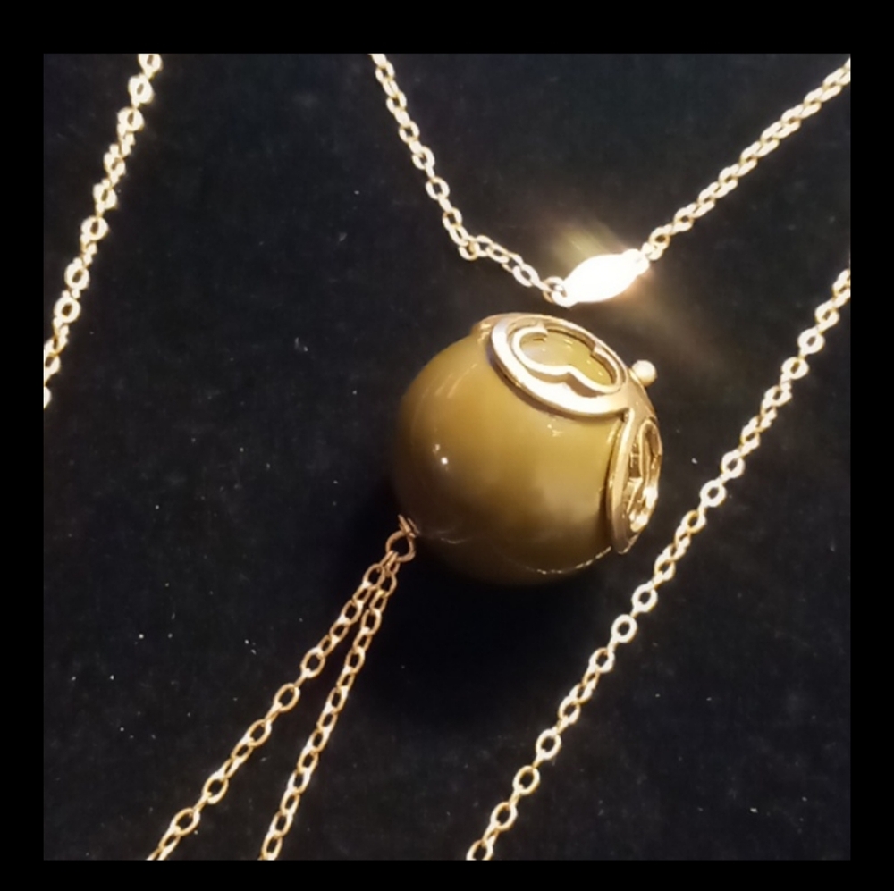 Pilgrim long pendant necklace olive green and brushed gold flower .